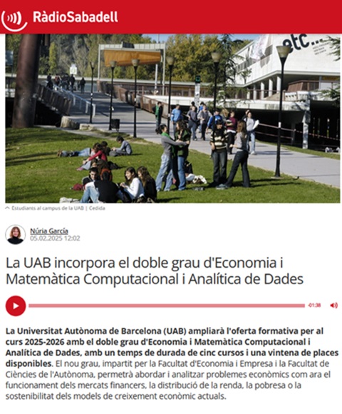 La UAB incorpora el doble grau d'Economia i Matemàtica Computacional i Analítica de Dades