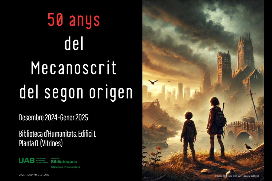 Cartell del 50è aniversari de Mecanoscrit del segon origen amb dates i lloc de l¿exposició. A la dreta, dos nens davant un paisatge postapocalíptic amb ruïnes i cel fosc.