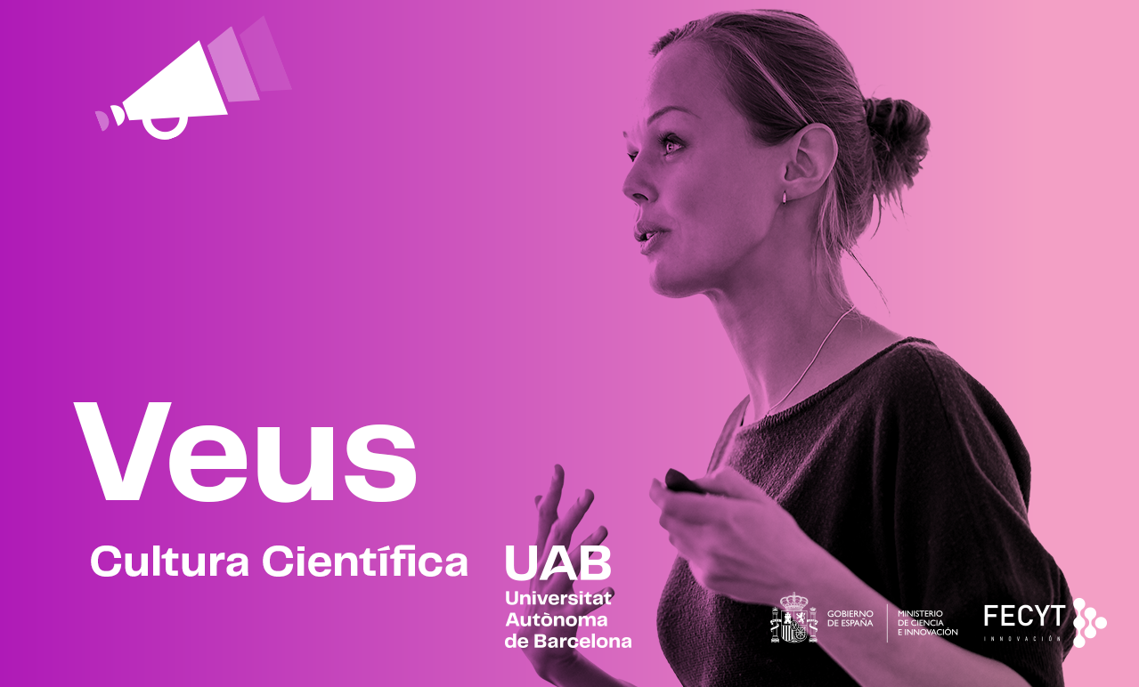 Cartell de la jornada Veus, una dona de perfil  fent una conferència. Universitat Autònoma de Barcelona