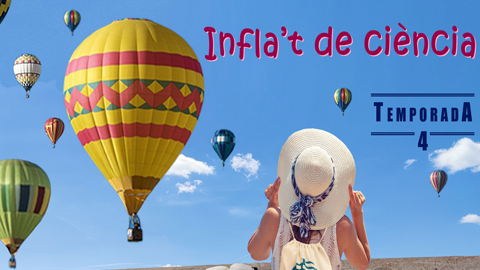imatge de la campanya infla't de ciència: globus aerostàtics i una noia amb vestimenta estiuenca que els mira