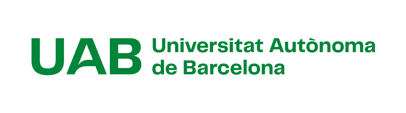 Logotip UAB. Composició horitzontal en dues línies amb caixa a l'esquerra en color corporatiu.