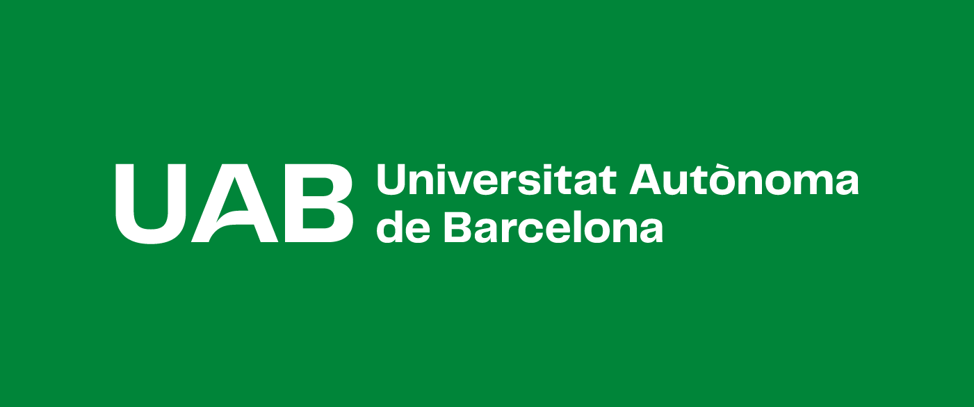 Logotip UAB. Composició horitzontal en dues línies amb caixa a l'esquerra en negatiu sobre fons corporatiu.