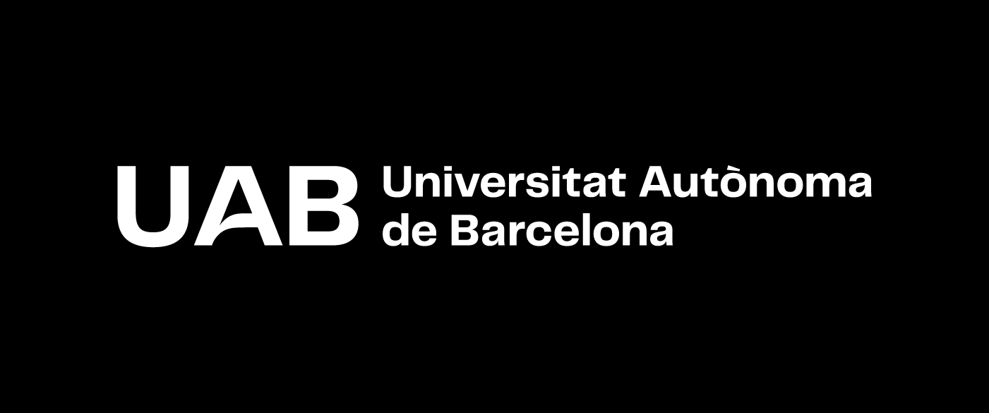 Logotip UAB. Composició horitzontal en dues línies amb caixa a l'esquerra en negatiu sobre fons negre.