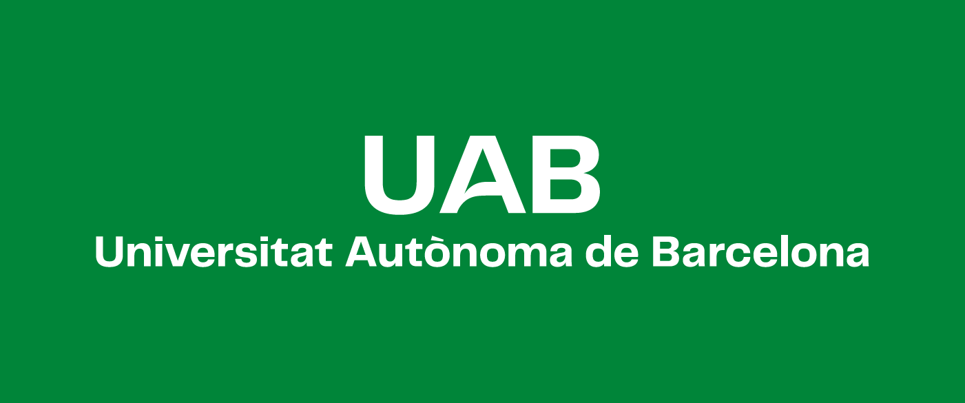 Logotip UAB. Composició vertical centrada en una sola línia en negatiu sobre color corporatiu.