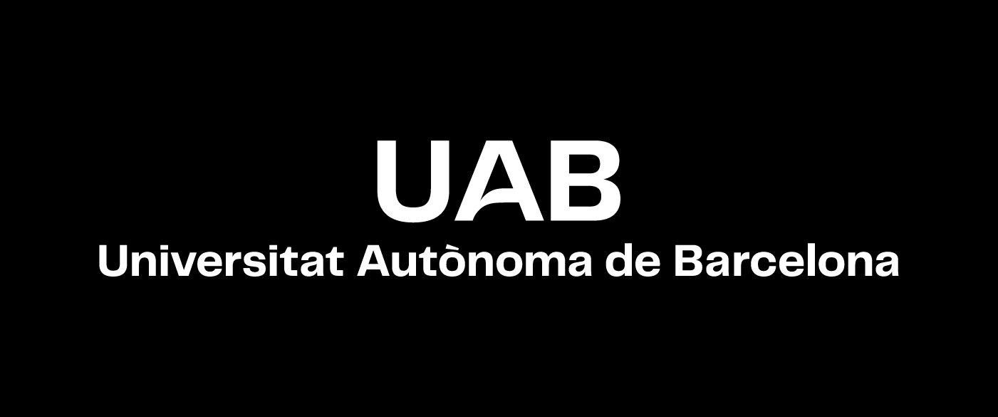 Logotip UAB. Composició vertical centrada en una sola línia en negatiu sobre color negre.