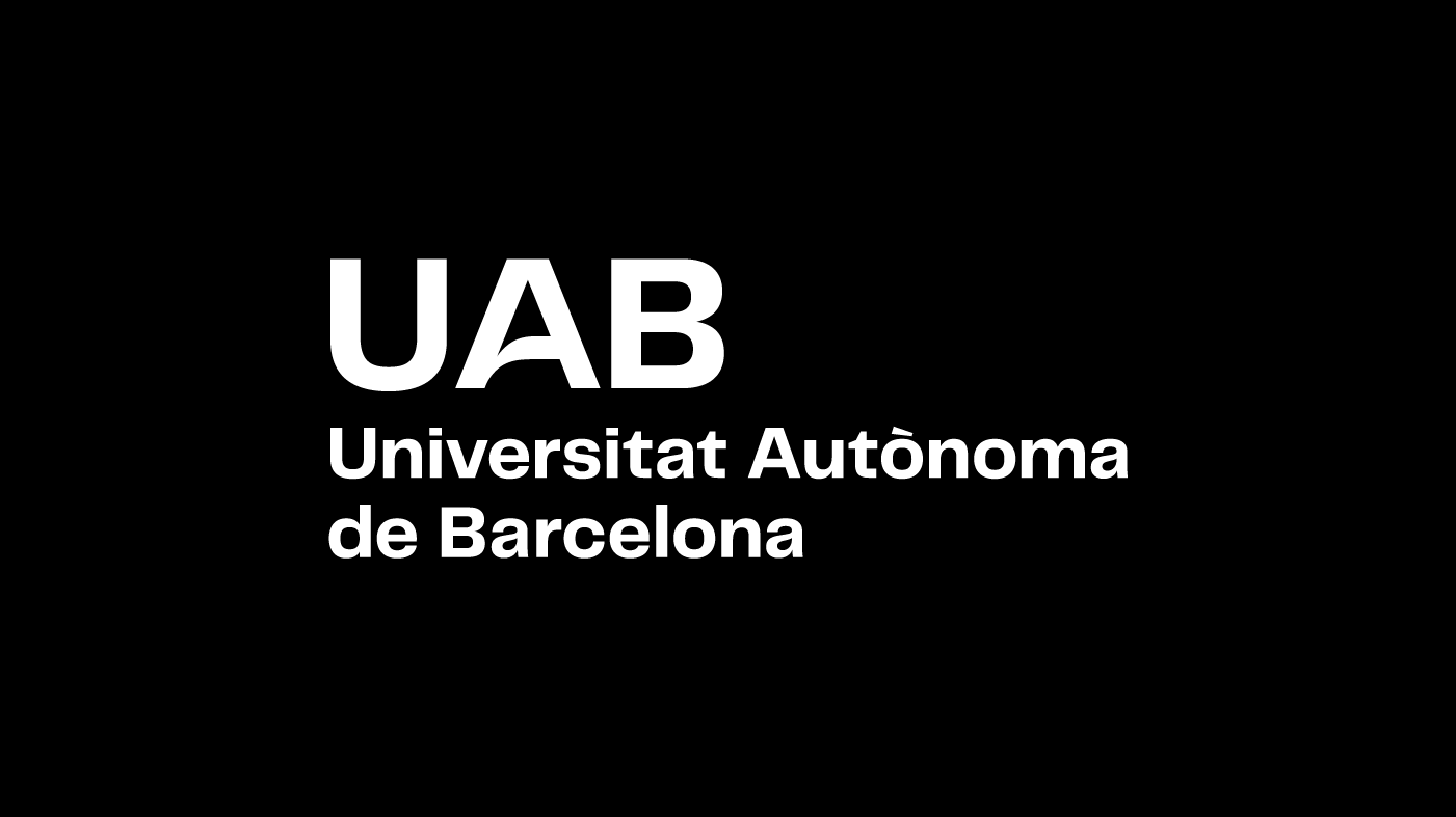Logotip UAB. Composició vertical en dues línies amb caixa a l'esquerra en negatiu sobre color negre.