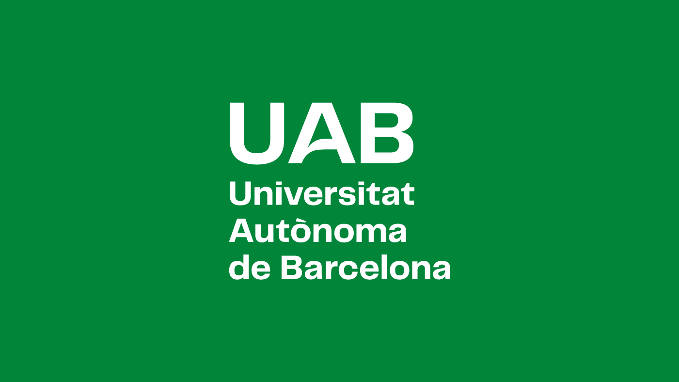 Logotip UAB. Composició vertical en tres línies amb caixa a l'esquerra en negatiu sobre fons corporatiu.