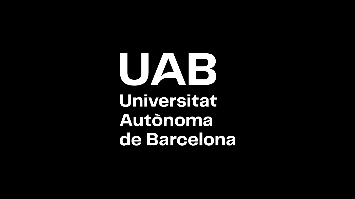 Logotip UAB. Composició vertical en tres línies amb caixa a l'esquerra en negatiu sobre fons negre.