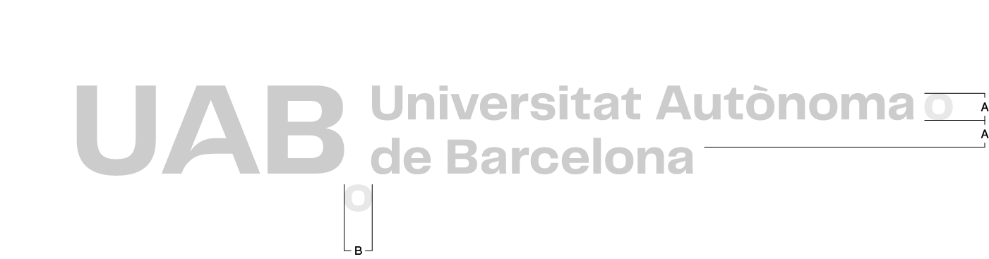 Logotip UAB. Construcció de la composició horitzontal en dues línies amb caixa a l'esquerra.