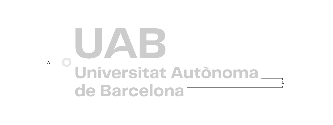 Logotip UAB. Construcció de la composició vertical en dues línies amb caixa a l'esquerra.
