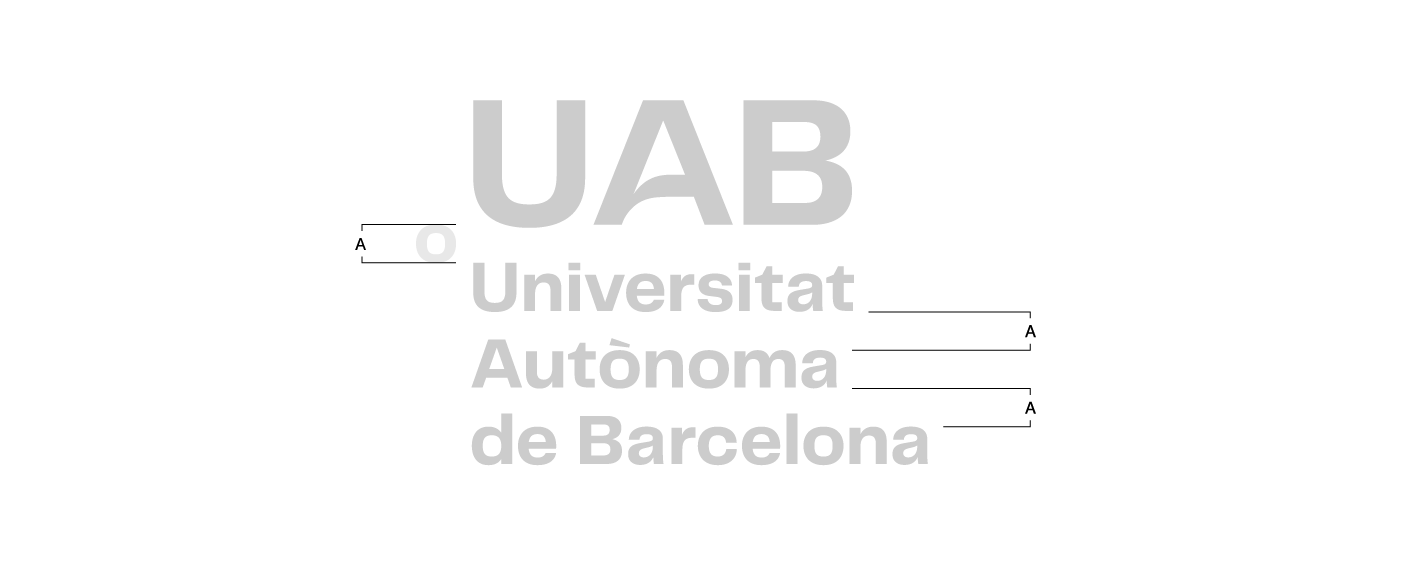 Logotip UAB. Construcció de la composició vertical en tres línies amb caixa a l'esquerra.