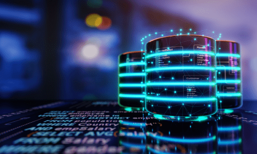 Data server stacks with glowing lights