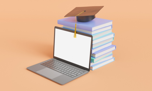 image of a laptop, a column of books and a cap