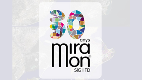 MiraMon's 30th anniversary logo, with the number 30 made up of brightly colored mosaics and the text 'years MiraMon SIG and TD' in a modern and minimalist design