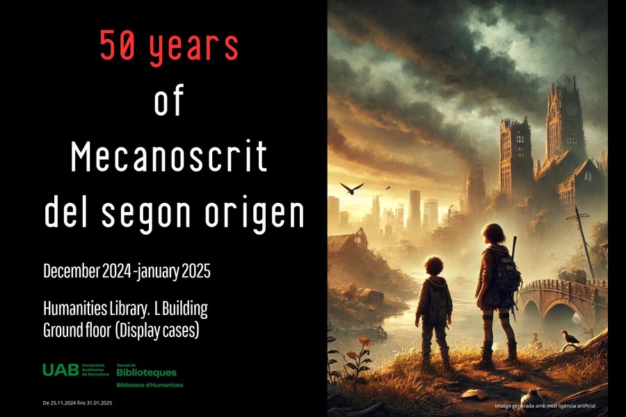 Poster for the 50th anniversary of Mecanoscrit del segon origen. Two children stand before a post-apocalyptic scene with ruins and dark skies. Exhibition dates and location on the left.