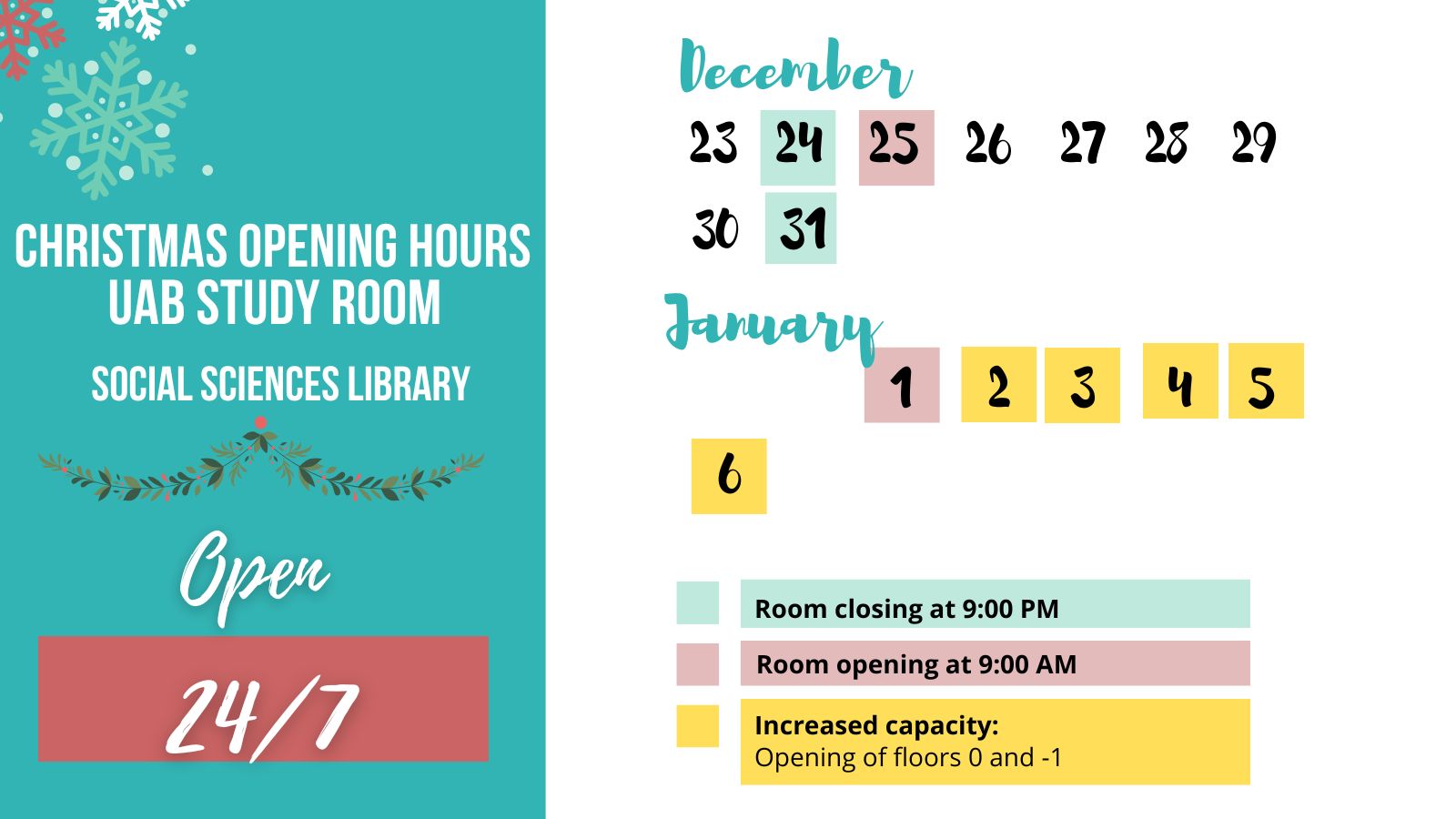 Poster about the Christmas Opening Hours of the UAB Libraries