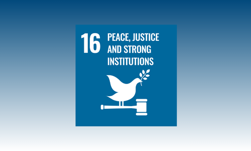 SDG: Peace, Justice, and Strong Institutions  This image represents Goal 16: Peace, Justice, and Strong Institutions, which aims to promote peaceful societies, ensure access to justice for all, and build effective, accountable institutions.