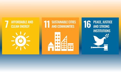 SDGs: Clean Energy, Sustainable Cities, and Peace  This image represents Goal 7 (Clean Energy), Goal 11 (Sustainable Cities), and Goal 16 (Peace and Justice), focusing on sustainable energy, cities, and strong institutions.