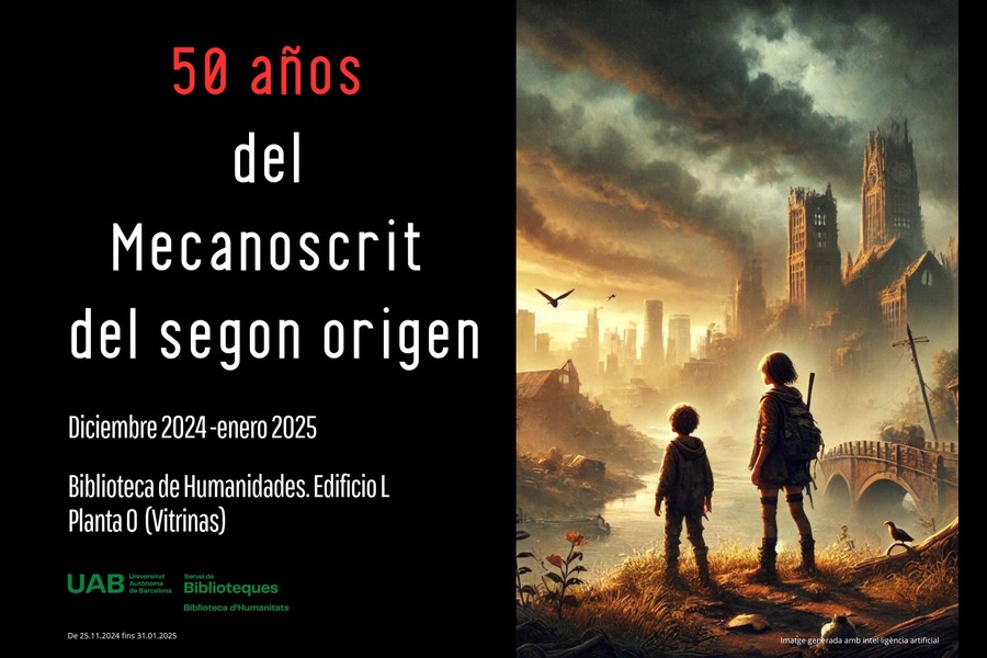 Cartel del 50º aniversario de Mecanoscrit del segon origen. Dos niños miran un paisaje postapocalíptico con ruinas bajo un cielo oscuro. Fechas y ubicación de la exposición a la izquierda.