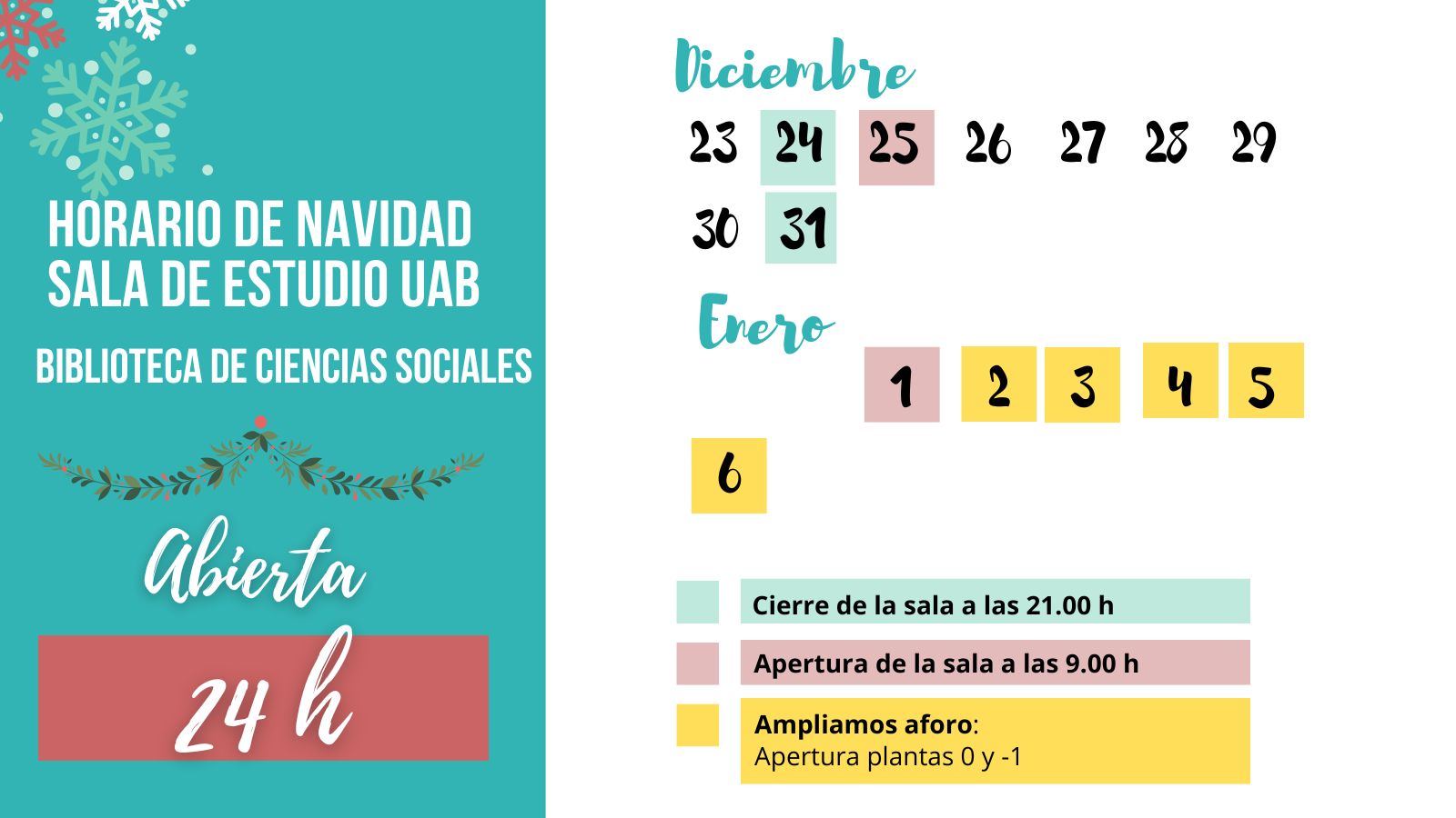 Cartel con los horarios de Navidad de las Bibliotecas UAB