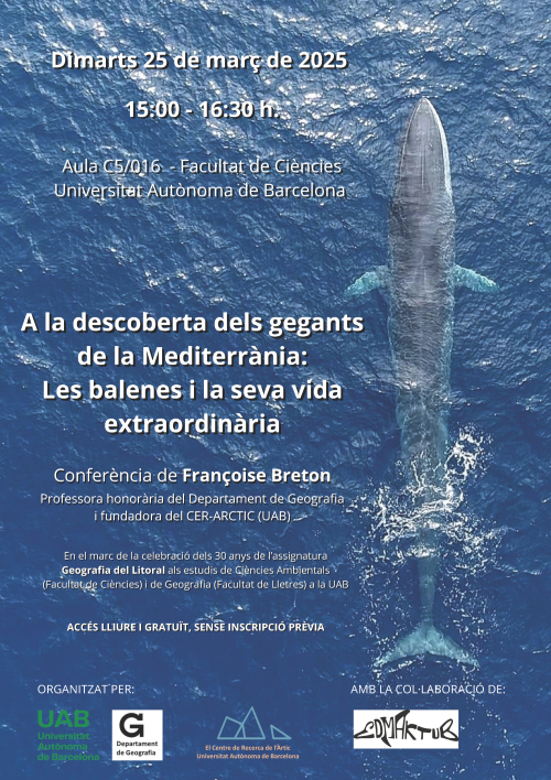 Cartel de la conferencia de F. Breton sobre las ballenas en el Mediterráneo.